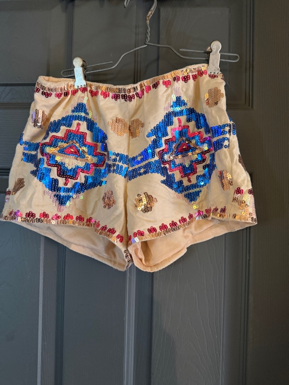 Beige High-Waist Sequin Embroidered Women's Shorts with Blue Accents